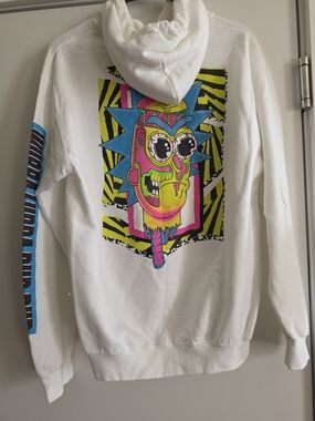 White Graphic Hoodie Sweatshirt with Neon Rick-Style Print